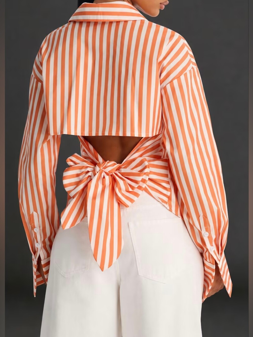 Women Vertical Stripe Backless Shirt, Collar Long Sleeve Cutout Back with Bow